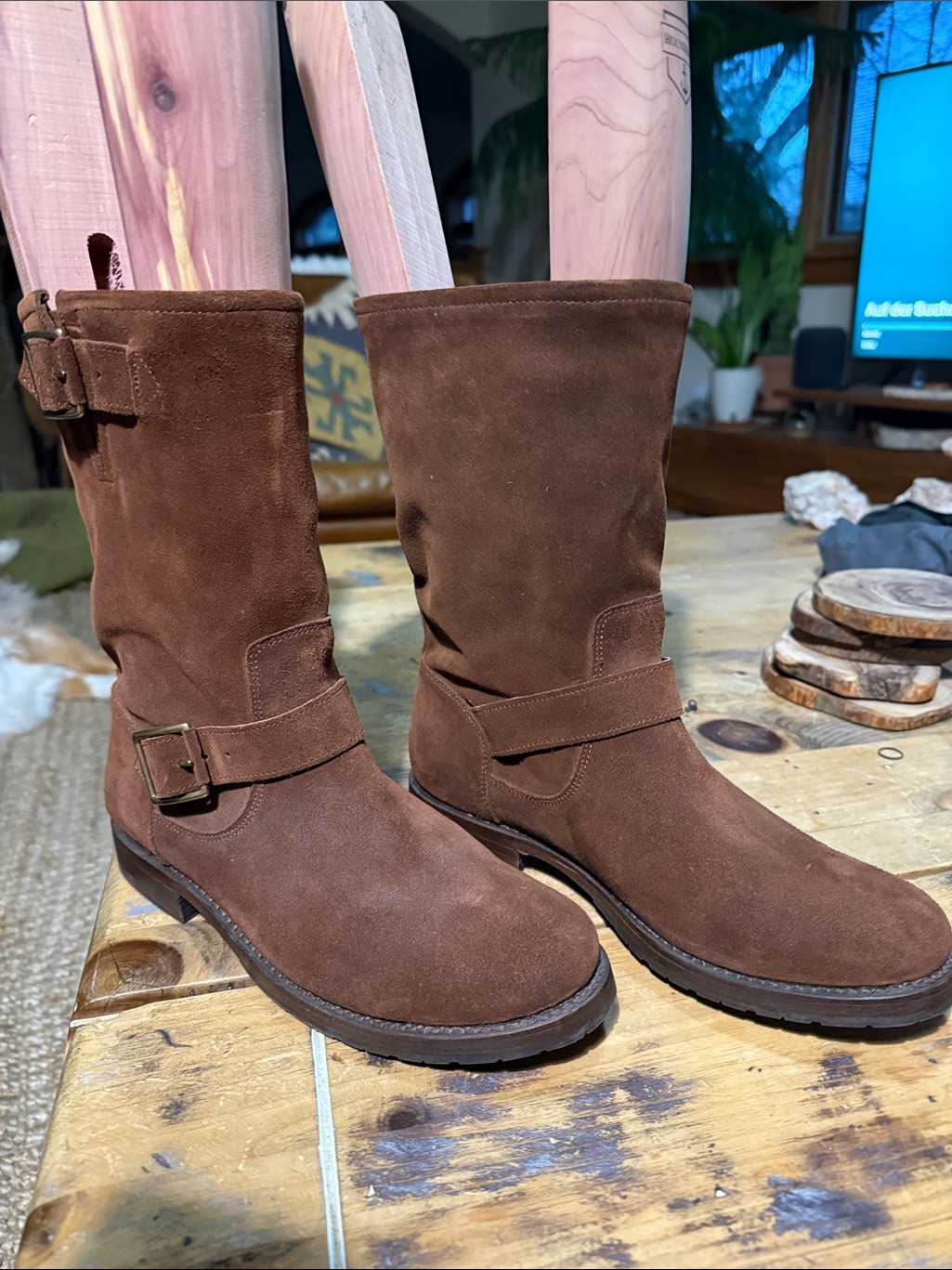 Frye Natalie Mid Engineer Boots - Brown Suede Moto Biker